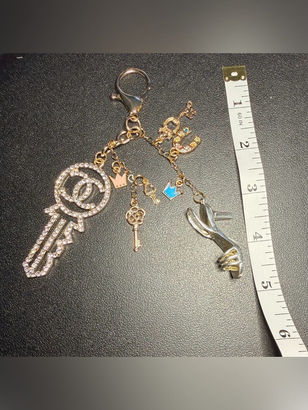 ✨Handmade✨Gold-Tone Crystal Key & Charm Keychain with Shoe and Crown Charms